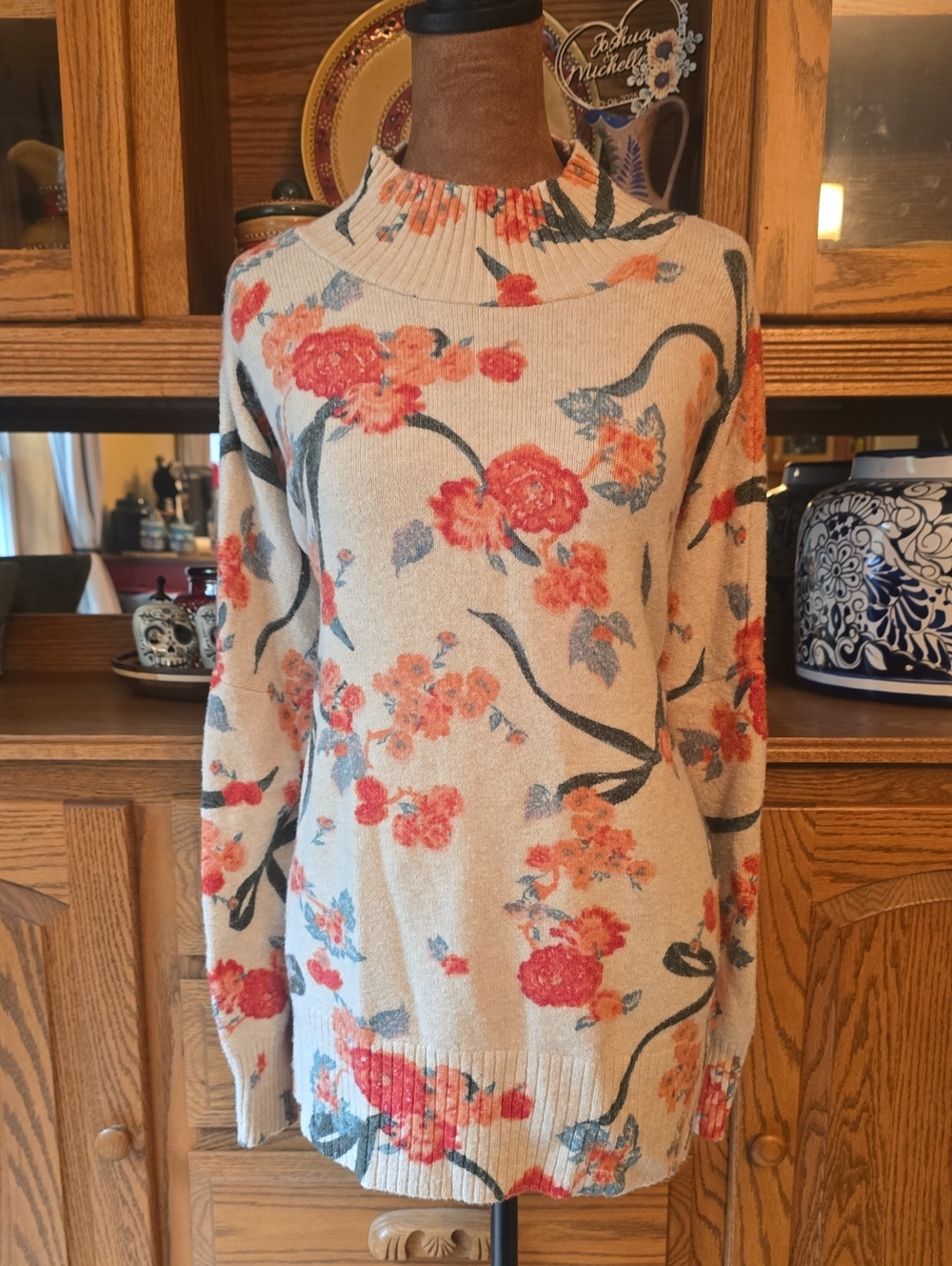 LC Lauren Conrad Cream Floral Cowl-Neck Sweater with Coral Blooms